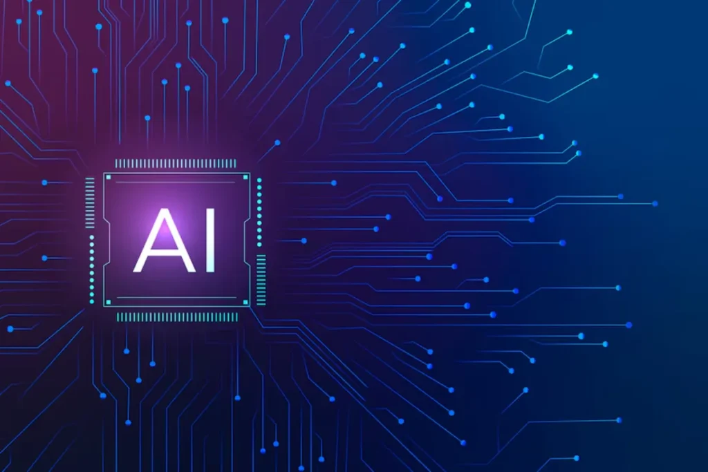 Futuristic graphic of a microchip with "AI" text and connected circuit lines on a dark blue background, symbolizing advanced technology and artificial intelligence.