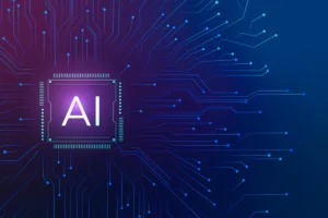 Futuristic graphic of a microchip with "AI" text and connected circuit lines on a dark blue background, symbolizing advanced technology and artificial intelligence.