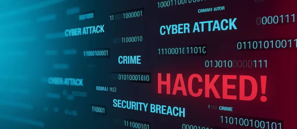 Digital screen displaying various cyber security terms like "CYBER ATTACK", "CRIME", and "HACKED!" in glowing text, highlighting the urgency and severity of digital security breaches.