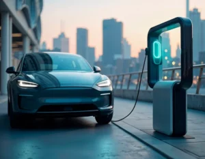 A modern electric car plugged into a charging station on an urban bridge at twilight, with a blurred city skyline in the background.
