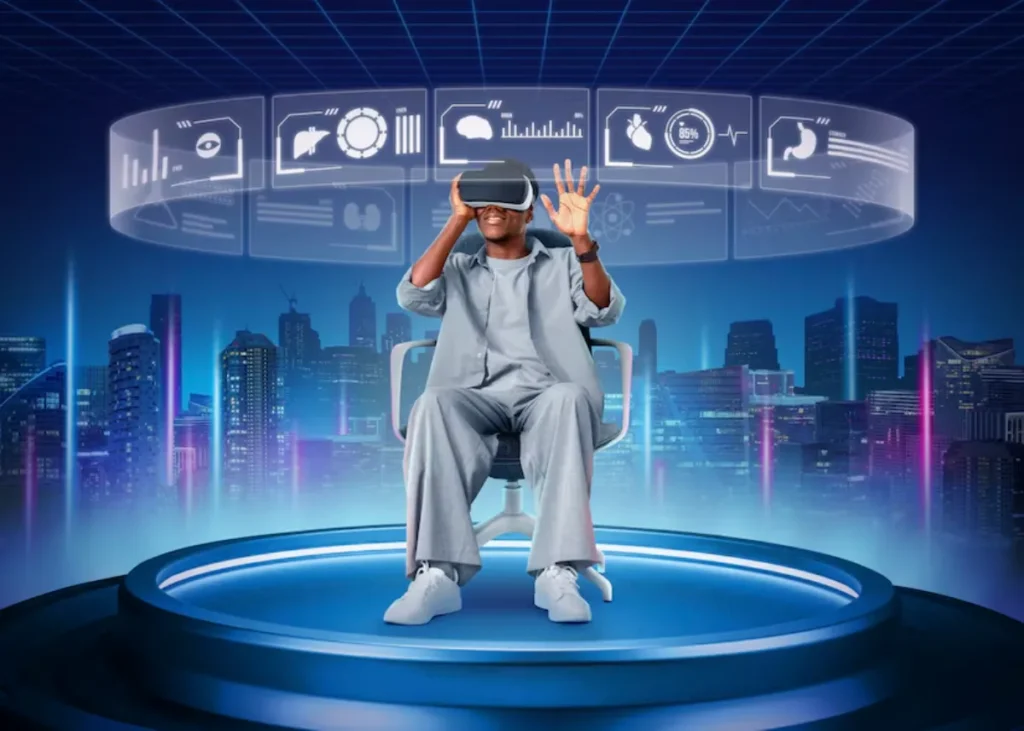Man using a VR headset in a futuristic digital environment with interactive holographic interfaces.