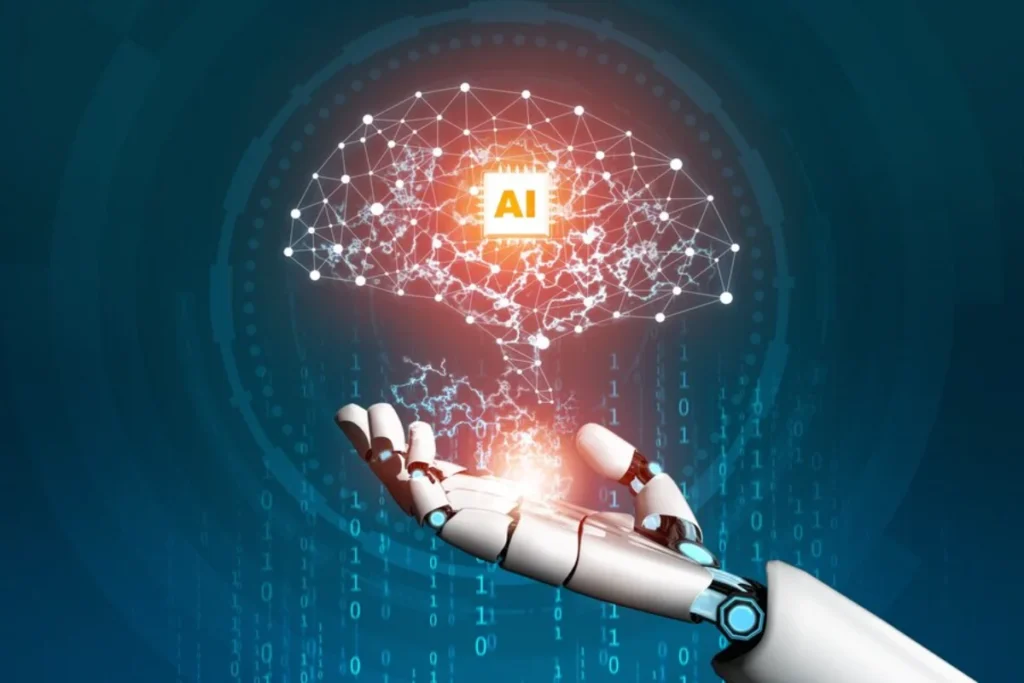 Robotic hand holding a glowing AI brain, representing artificial intelligence and machine learning.