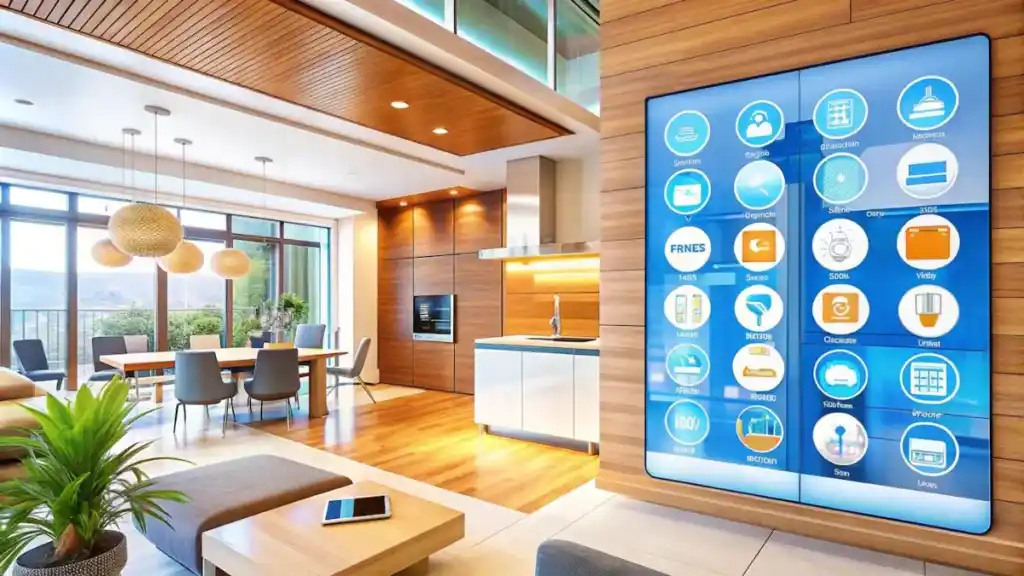 A modern, spacious living room with large windows, wooden ceilings, and a stylish furniture set, featuring an advanced digital home automation interface on a large wall-mounted screen displaying various smart home controls.
