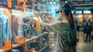 A woman wearing augmented reality glasses interacts with a digital interface while shopping in a clothing store.
