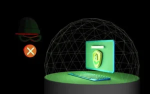 A conceptual image depicting cybersecurity: a green, glowing laptop with a large padlock icon on its screen sits under a wireframe dome shield, a floating character resembling a hacker with a red "X" is nearby, symbolizing denied access.