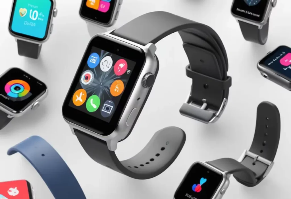A collection of smartwatches with various apps displayed on the screens, featuring different styles of bands in a modern grey background.