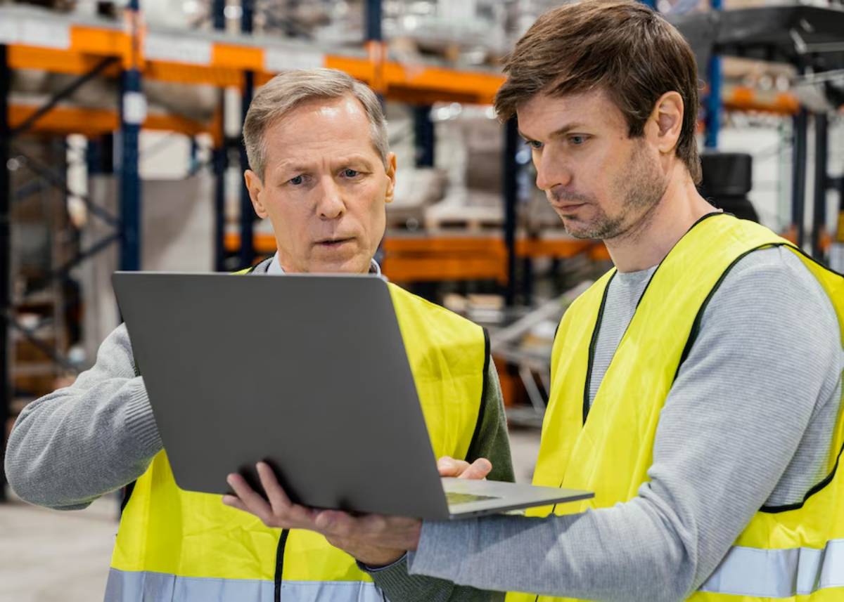 Two men in safety vests, one holding a laptop, discuss work in a warehouse.