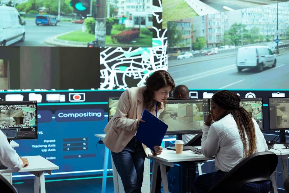 Two professionals collaborate over a workstation with multiple monitors displaying surveillance footage and digital mapping interfaces.