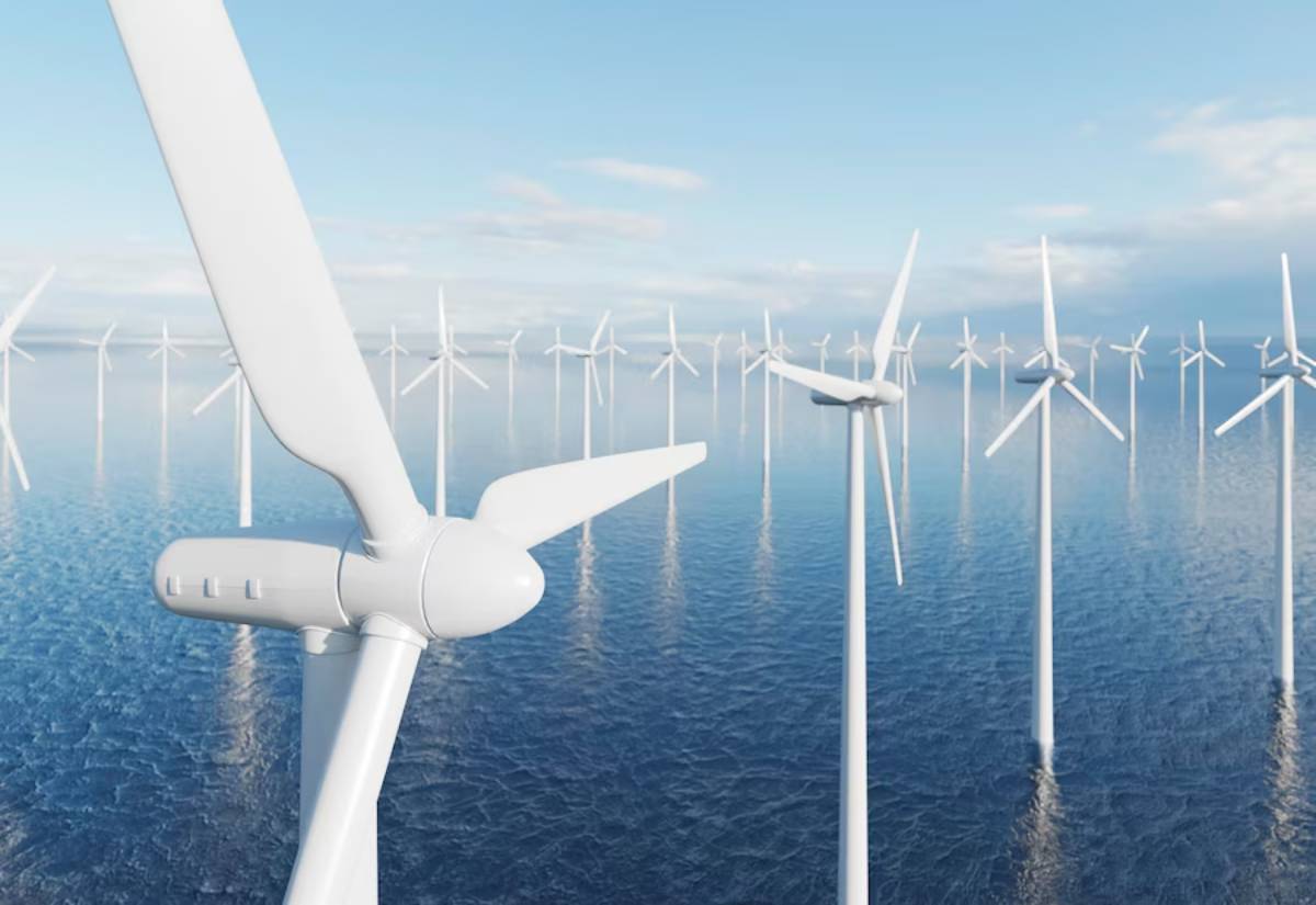 A panoramic view of offshore wind turbines spinning in calm blue waters under a bright sky, emphasizing renewable energy technology.