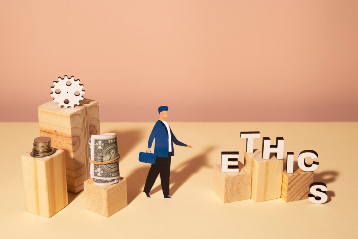 A businessman walks towards blocks spelling 
