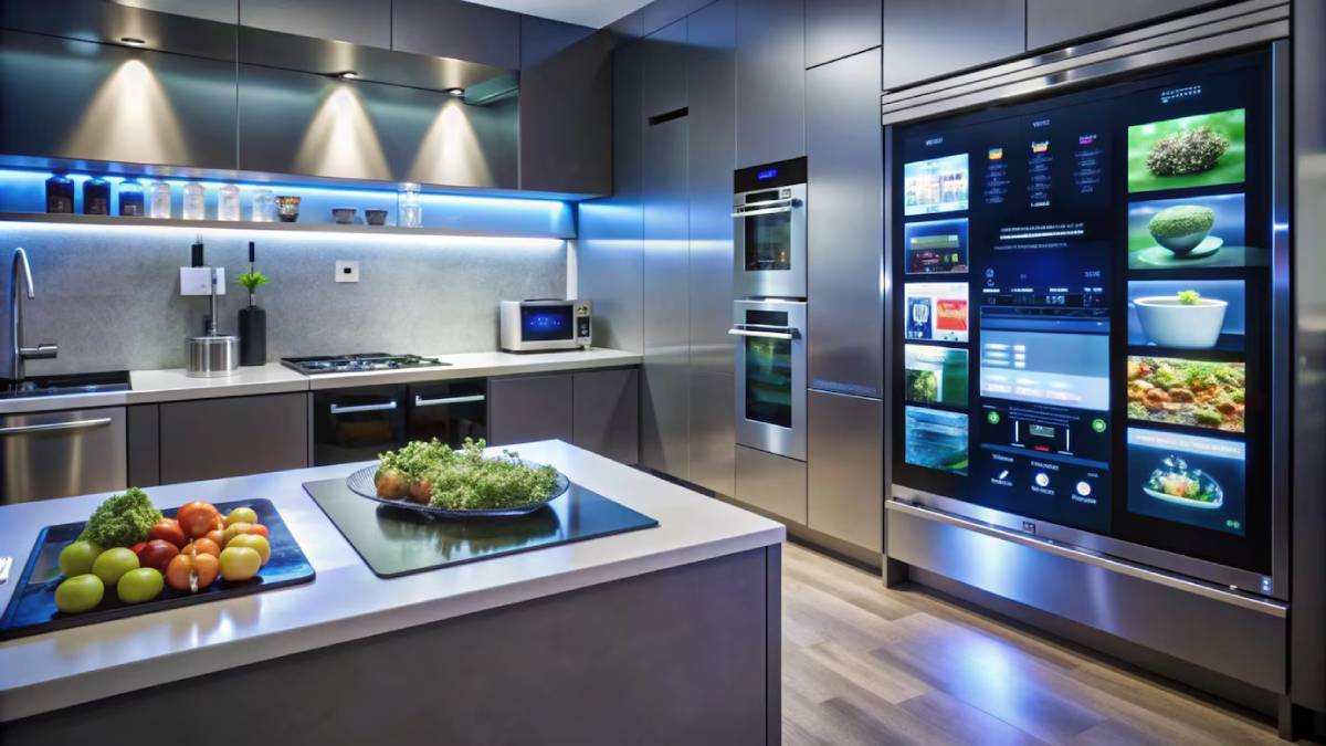 Modern kitchen featuring sleek stainless steel appliances, a smart fridge with a touchscreen, and vibrant fresh produce on the counter.