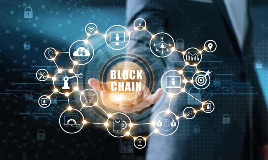 A professional presenting a hologram of interconnected blockchain icons and networks that symbolize secure, decentralized digital information.