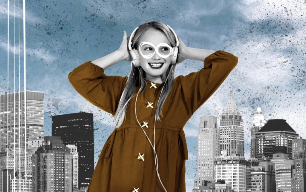 A girl in a brown dress stands against a city skyline, wearing headphones and striking a joyful pose amidst a vibrant backdrop.