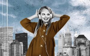 A girl in a brown dress stands against a city skyline, wearing headphones and striking a joyful pose amidst a vibrant backdrop.