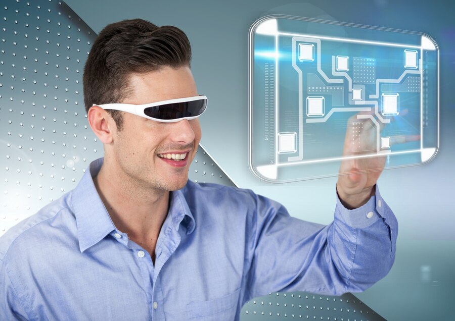 A person in a blue shirt interacts with a futuristic digital interface featuring circuit patterns against a modern background.