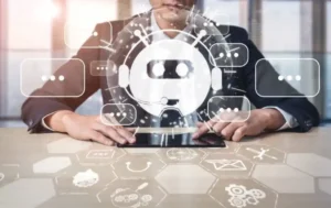 A businessperson interacting with a futuristic artificial intelligence interface on a digital tablet, with icons and holographic AI robot graphics overlaid in a modern office setting.