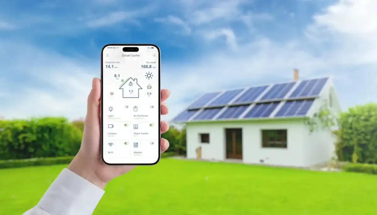 A hand holding a smartphone displaying a smart home app interface, with icons for various home controls, in front of a blurred background featuring a small house with solar panels on the roof and a lush garden under a clear blue sky.