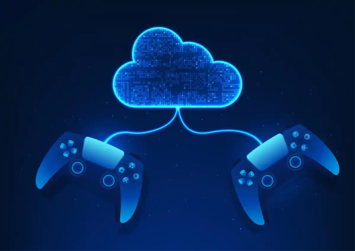 Digital illustration of two blue game controllers connected by glowing lines to a cloud composed of binary code, symbolising cloud gaming technology.