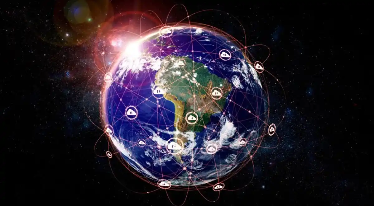 Digital illustration depicting the Earth from space, surrounded by interconnected networks symbolised by glowing lines and icons, set against a starry cosmic background.