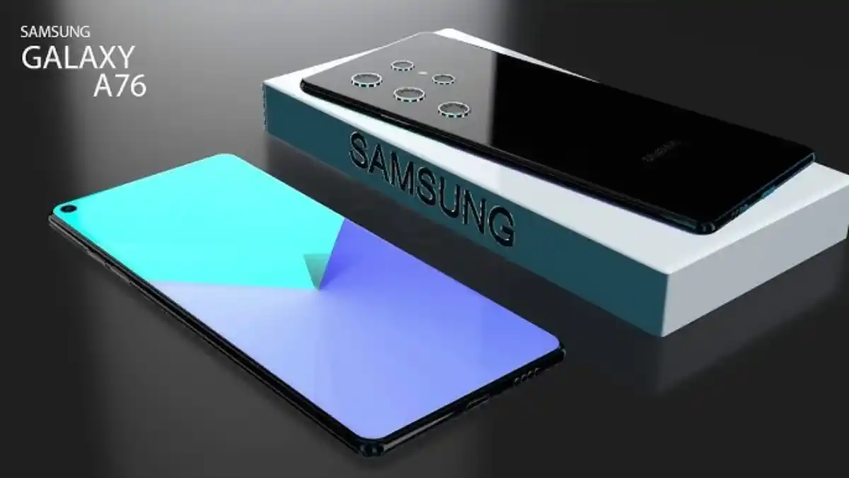 Promotional image of Samsung Galaxy A76 smartphone, showcasing its sleek design with a teal glassy back featuring multiple camera lenses and Samsung branding. Also visible is the phone’s edge-to-edge display with minimal bezels, laying partially on top of its box.