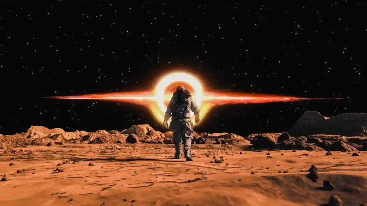 An astronaut standing on a barren, rocky alien surface with a vivid eclipse forming a halo around a distant sun, set against a star-filled sky.